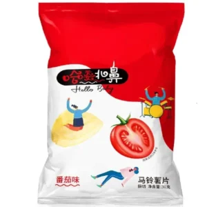 Tomato flavor original-cut potato chips made of 100% fresh potato with non-hydrogenated vegetable oil, golden thin crispy texture with natural tomato taste. Multiple mainstream flavors available, OEM custom flavor and private label service for worldwide bulk wholesale partners.