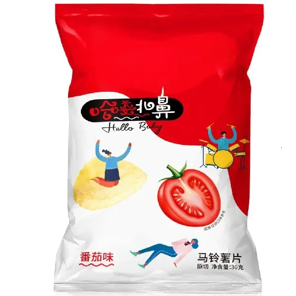 Tomato flavor original-cut potato chips made of 100% fresh potato with non-hydrogenated vegetable oil, golden thin crispy texture with natural tomato taste. Multiple mainstream flavors available, OEM custom flavor and private label service for worldwide bulk wholesale partners.
